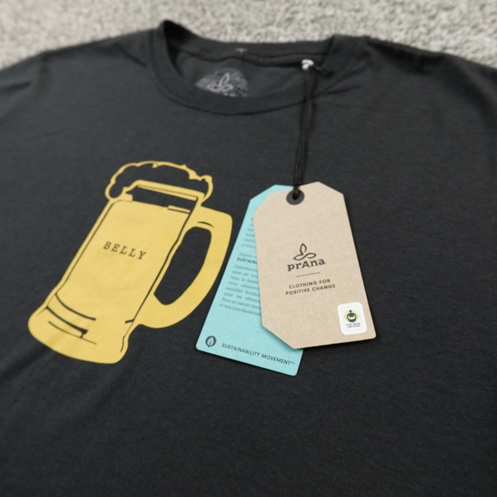 NEW Prana Shirt Mens M Black Belly Beer Mug Drinking Graphic Short Sleeve Tee